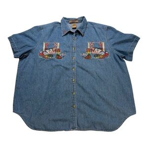 Womens 18W/20W Denim Short Sleeve Shirt With Cat Embroidery!